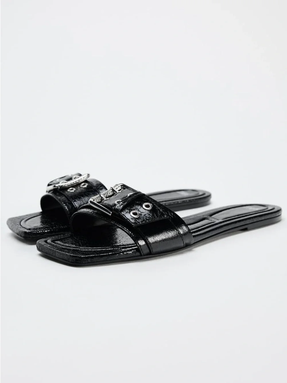 Zara Size 10 / 41 Buckled Flat Slide Sandals Black Faux Patent Leather - Picture 2 of 11